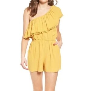 Ten SIXTY SHERMAN Yellow One-Shoulder Ruffle Pom Pom Romper Women's Size XS
